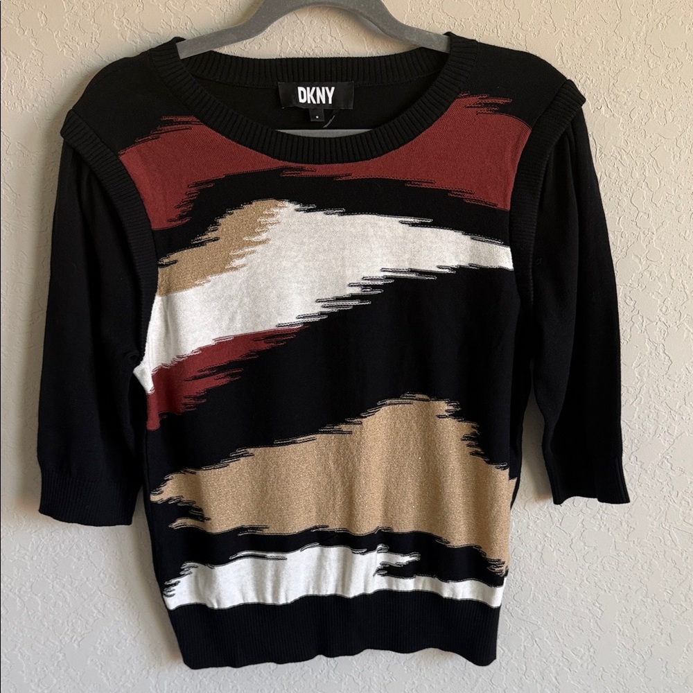 DKNY Women's Abstract Black, Red, White, and Tan Sweater